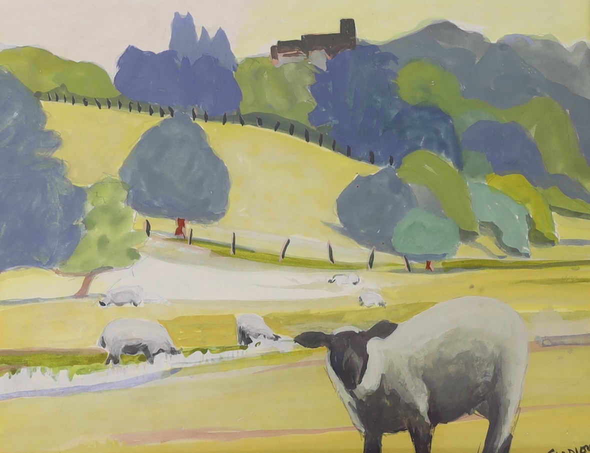 Sue Campion R.B.A, gouache, Field of sheep near Bridgnorth, signed, 19 x 24cm